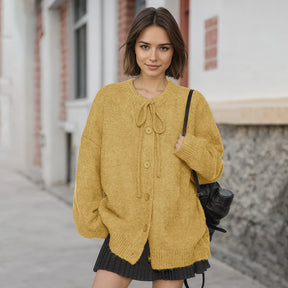 ZhiKnit  Women's Front Strap Bow Cardigan Sweater Thick Loose Coarse Knitted Long Sleeve Fashion Autumn/Winter Jacket Coat
