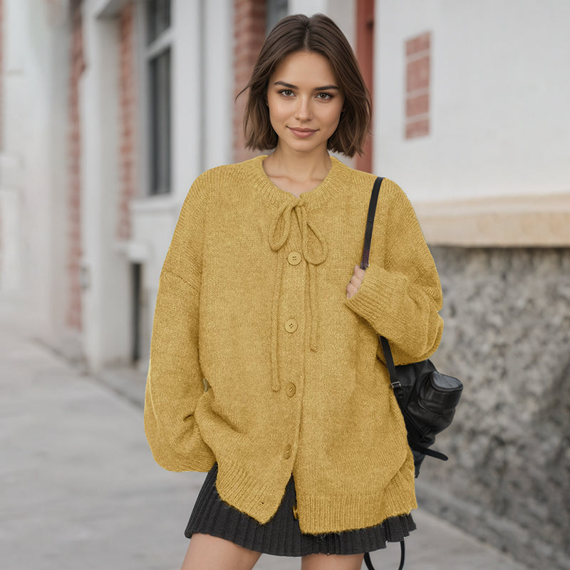 ZhiKnit  Women's Front Strap Bow Cardigan Sweater Thick Loose Coarse Knitted Long Sleeve Fashion Autumn/Winter Jacket Coat