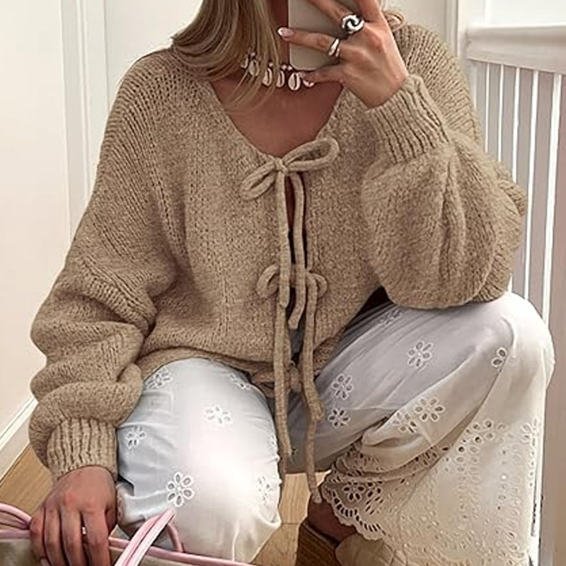 ZhiKnit Women's Tie Front Bow Cardigan Sweaters Chunky Knit Long Puff Sleeve Trendy Fall Winter Jacket Coats