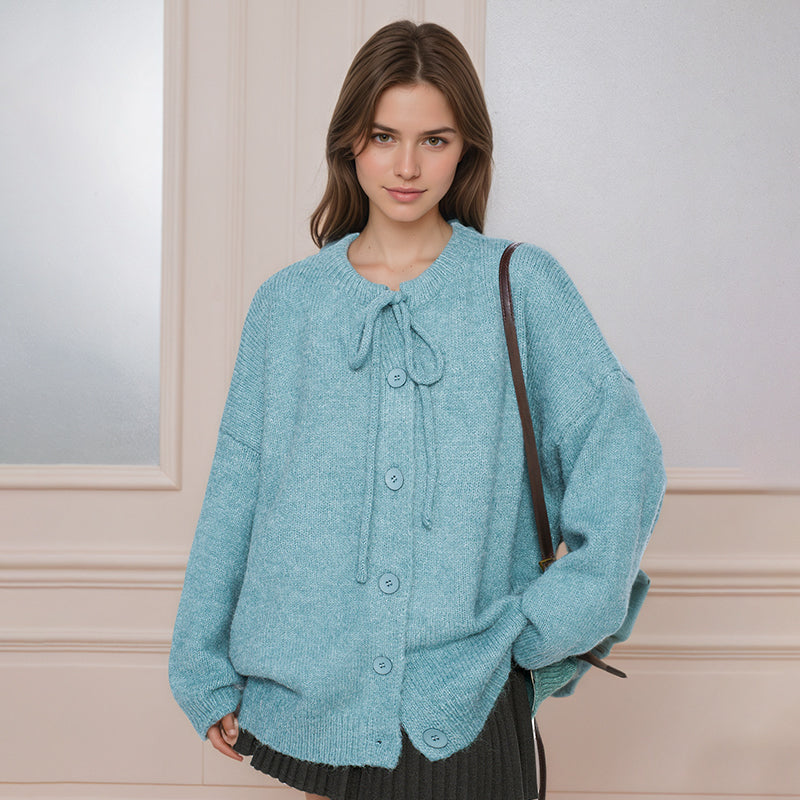 ZhiKnit  Women's Front Strap Bow Cardigan Sweater Thick Loose Coarse Knitted Long Sleeve Fashion Autumn/Winter Jacket Coat