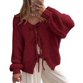 ZhiKnit Women's Tie Front Bow Cardigan Sweaters Chunky Knit Long Puff Sleeve Trendy Fall Winter Jacket Coats