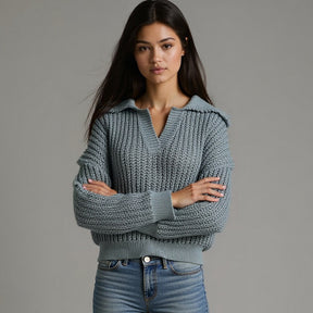 ZhiKnit Women Overized Puff Long Sleeve V Neck Knitted Polo Pullover Sweater Jumper Tops sweater sweaters for women