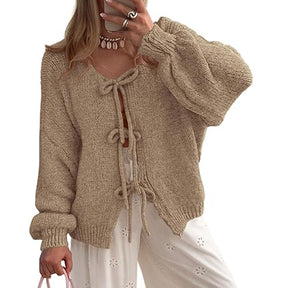 ZhiKnit Women's Tie Front Bow Cardigan Sweaters Chunky Knit Long Puff Sleeve Trendy Fall Winter Jacket Coats