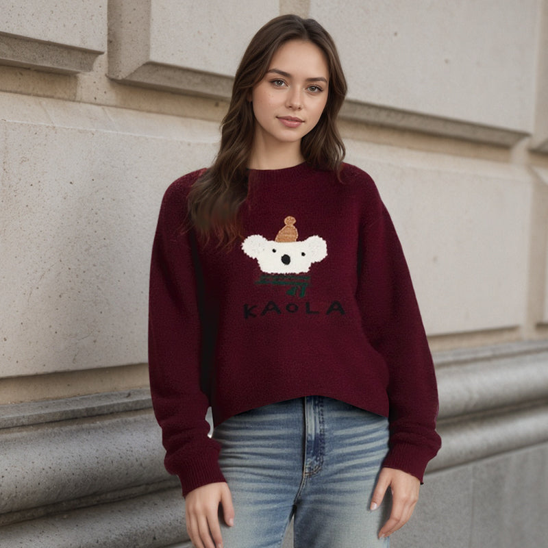 ZhiKnit Women's cartoon teddy bear Christmas sweater paired with innovative printed round neck sweater pullover
